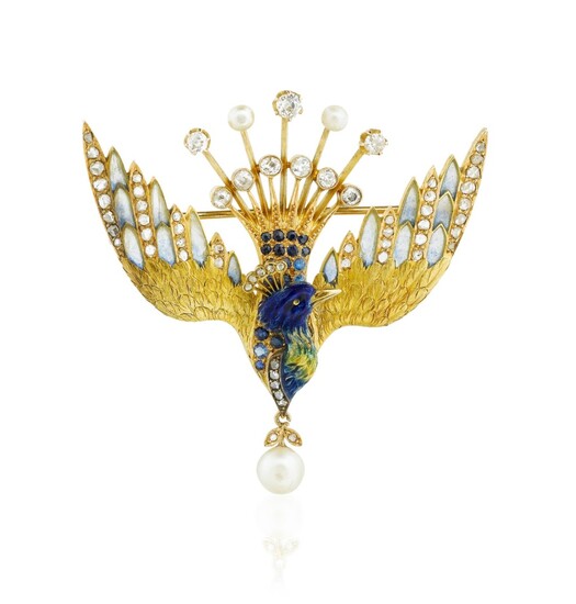 Broche émail, saphirs, perles et diamants | Enamel, sapphire, pearl and diamond brooch, Masriera