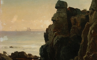 C. F. Sørensen: A coastal scene. Signed and dated C. Fred. Sørensen 13. Aug. 1867. Oil on paper mounted on cardboard. 23.5×27.5 cm.