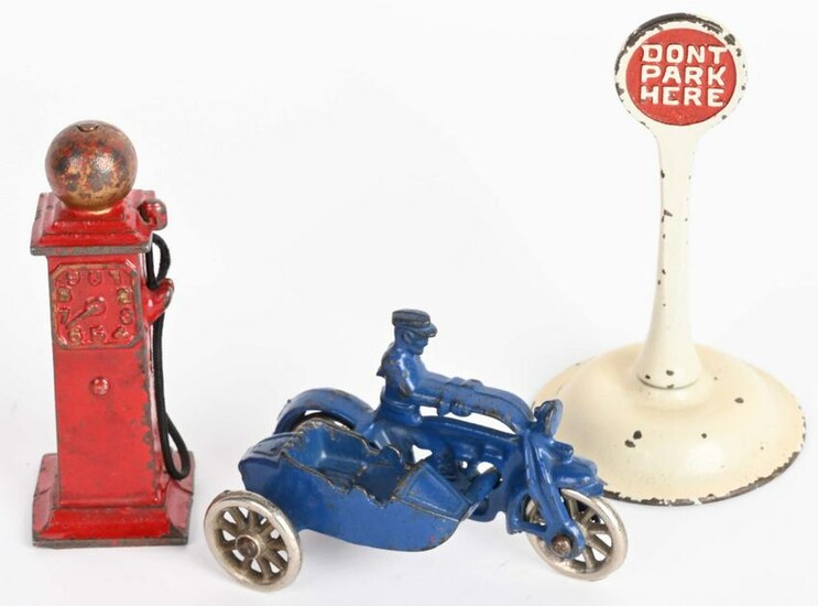 CAST IRON MOTORCYCLE, GAS PUMP, & MORE