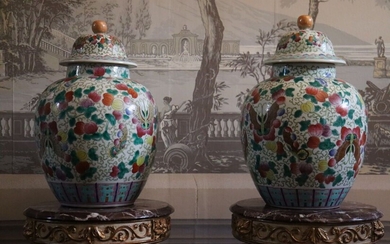 CHINE. Paire de pots couverts en porcelaine à décor polychrome de fleurs et de papillons....