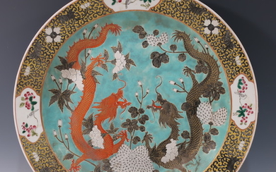 CHINESE ANTIQUE FAMILLE ROSE DRAGON CHARGER - 19TH CENTURY