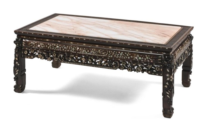 CHINESE CARVED ROSEWOOD LOW TABLE With mother-of-pearl floral inlay. Replaced pink marble top with a stippled wood surround. Carved...