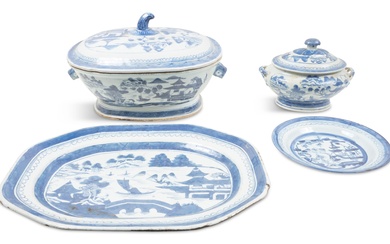 CHINESE EXPORT BLUE AND WHITE CANTON TUREEN AND TRAY, OVAL TUREEN AND DISH
