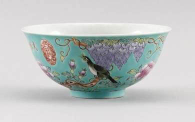 CHINESE FAMILLE ROSE PORCELAIN BOWL Decoration of a bird in a peony tree under a wisteria vine on a turquoise blue ground. Inscripti...