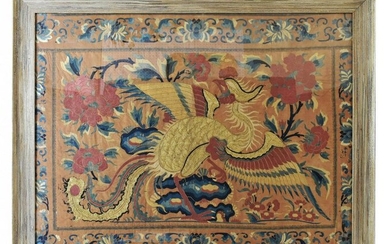 CHINESE GILT AND SILK EMBROIDERED PHOENIX PANEL