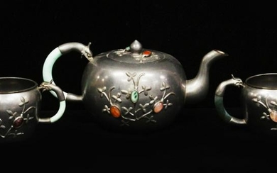 CHINESE JADE & PEWTER 3 PC. TEA SERVICE, 19TH C.