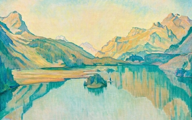 CLARA PORGES(Berlin 1879-1963 Samedan)Lac de Sils, vue en direction de Maloja.Huile sur toile.Signé en bas...