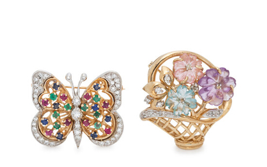 COLLECTION OF GEMSTONE AND DIAMOND BROOCHES