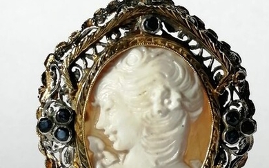 Cameo - 18 kt. Silver, Yellow gold - Brooch, Pendant Portrait of woman