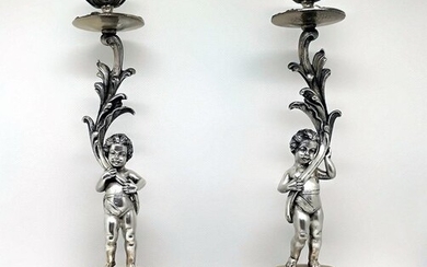 Candlestick, Pair of Liberty Candlesticks with Putti (2) - .800 silver - Francesco Caputo - Italy - Mid 20th century