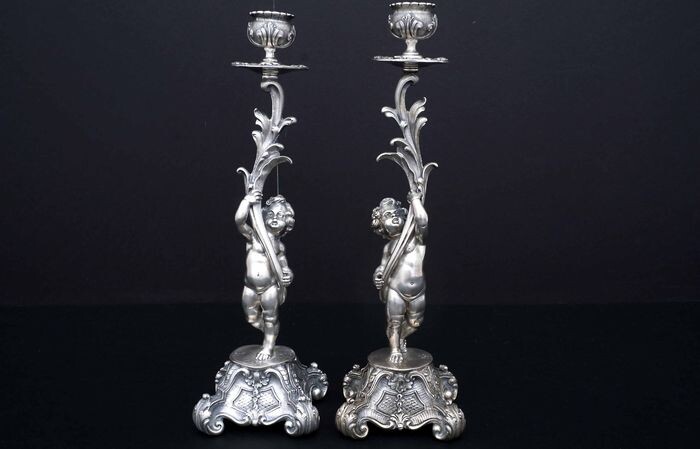 Candlestick, with Putto (2) - .800 silver - Italy - Mid 20th century