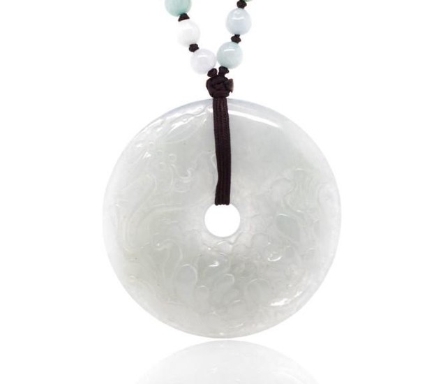 Carved jade Bi disc pendant and beaded necklace with floral ...