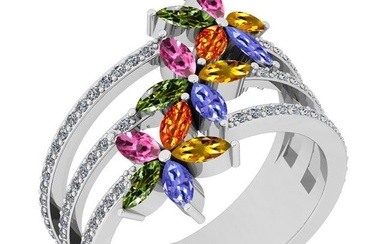 Certified 1.48 Ctw I2/I3 Multi Sapphire, tanzanite And Diamond 10K White Gold Flower Ring