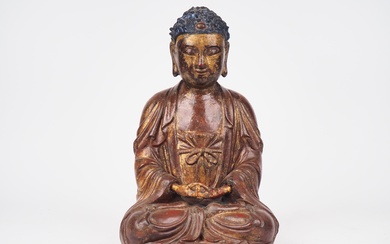 Chine, Ming, Petit bouddha en laque. H. 34 cm
