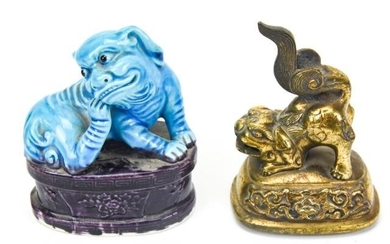 Chinese Brass & Porcelain Foo Dogs