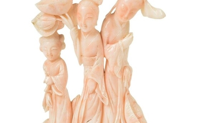 Chinese Carved Coral Figure Group of Three Chinese