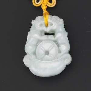 Chinese Carved Jade Lions and Lucky Coins Pendant on Cord
