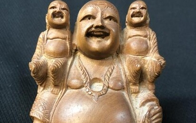 Chinese Carved Wood Statue Of 3 Laughing Buddhas