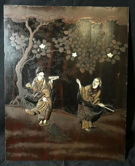 Chinese Composite Carving on Painted Wood Panel