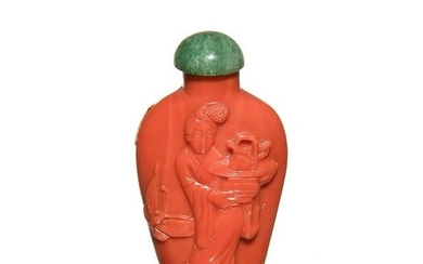 Chinese Coral Snuff Bottle Carved with Women,19th