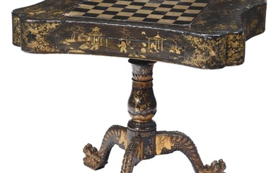 Chinese Export Black Lacquer and Parcel Gilt Chinoiserie Games Table