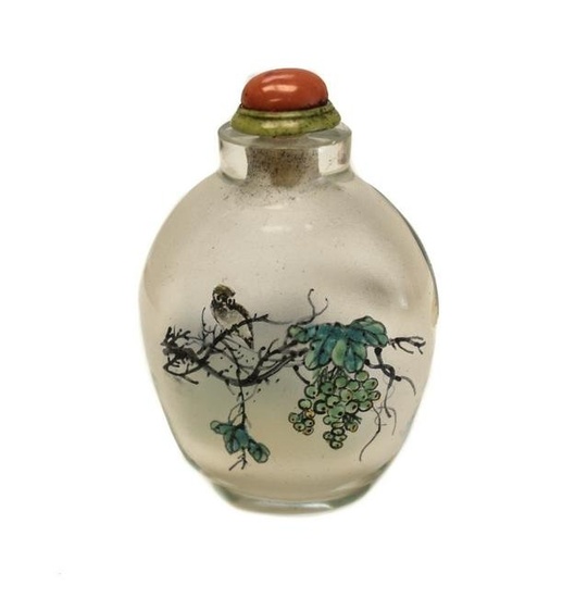 Chinese Glass Snuff Bottle, Hand Painted Birds