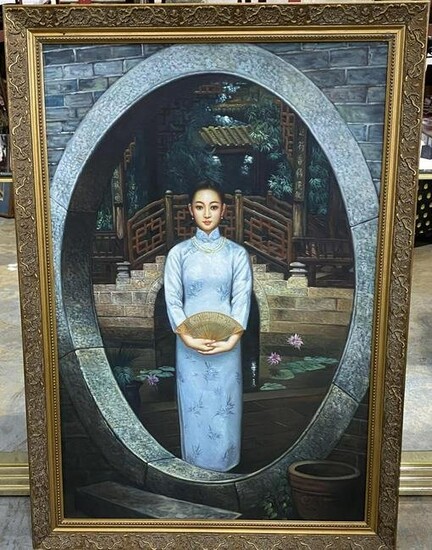 Chinese Oil Painting on Board Depicting a Woman