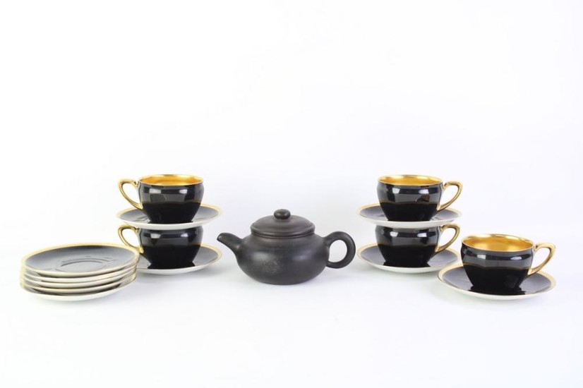 Chinese Yixing Teapot and German Black and Gilt Cups and Saucers