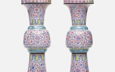Chinese, pink-ground Canton enamel gu vases, pair
