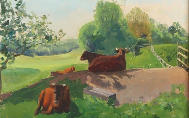 Christian Pedersen Bellinge, oil on canvas, landscape w/ cows (cd)
