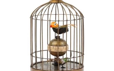 Clockwork automaton birdcage alarm clock, 19cm high