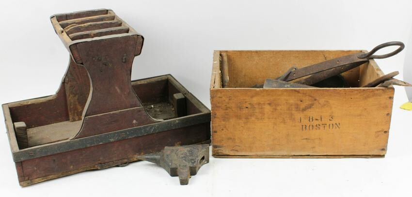 Cobbler or Farrier's Tray and Box of Iron Pcs.