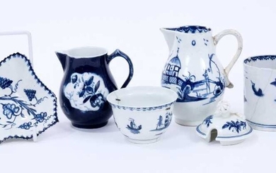 Collection of Lowestoft blue and white pieces, including a coffee can, painted with a pagoda beneath a willow tree