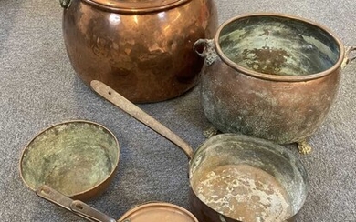 Copperware. Victorian copper cauldron and other items
