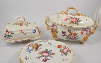 Crown Derby, four handpainted dinner plates and two lidded tureens, circa 1815.