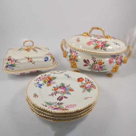 Crown Derby, four handpainted dinner plates and two lidded tureens, circa 1815.