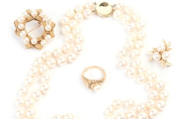 Cultured Pearl, Diamond, 14k Yellow Gold Jewelry Suite.