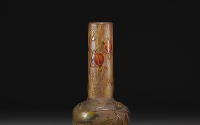 DAUM Nancy - Small acid-etched and enamelled vase with flower...