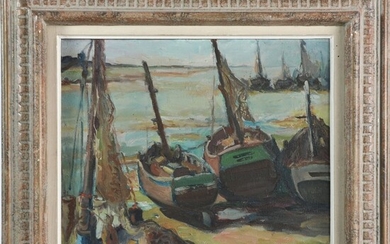 DELDICQUE Yvonne. (1895-1977). « Bord de mer avec bateaux ». Toile signée. H.33 L.41.