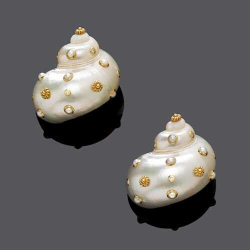 DIAMOND, PEARL AND MOTHER OF PEARL EARCLIPS, BY TRIANON.