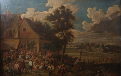 DUTCH SCHOOL, 18TH CENTURY. IN THE STYLE OF ABRAHAM TENIERS. Landscape with peasants.