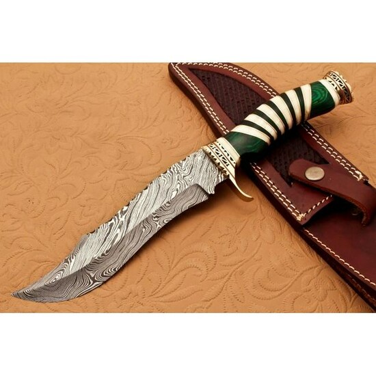Damascus steel knife, camel bone and brass spacer