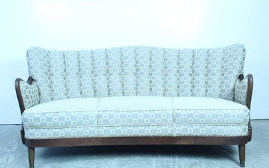 Danish Modern Light Blue Wingback Sofa w/Wooden Trim