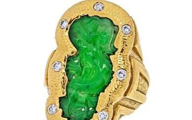 David Webb Platinum & 18K Yellow Gold 1970's Carved Jade Dragon Style Ring