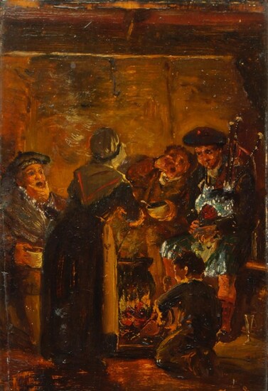 Davidson, Scottish, late-19th century- Preparing for feast; oil on panel, signed lower right; signed, titled, and dated '1889' on the reverse, 18.5 x 12.6 cm. Provenance: Private Collection, UK.