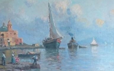 De Corsi Nicolas - Marina di Napoli con barche e personaggi