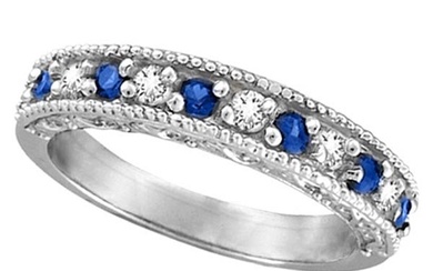 Designer Diamond and Blue Sapphire Ring Band 14k White Gold 0.59ctw