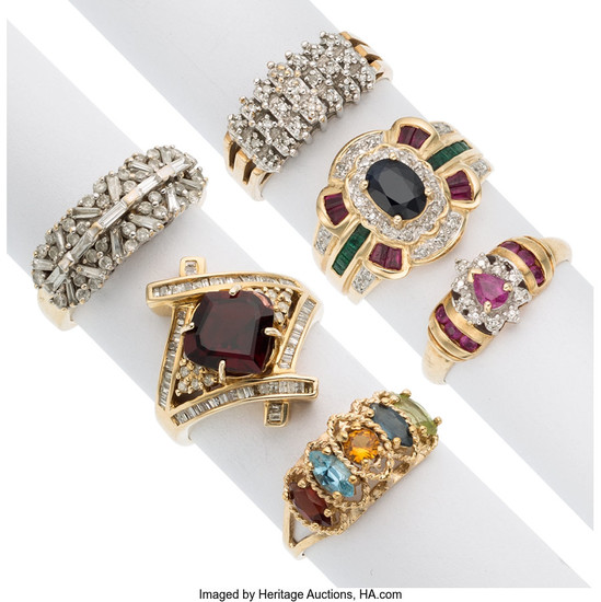 Diamond, Multi-Stone, Gold Rings The lot includes a ring...