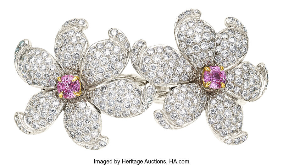 Diamond, Pink Sapphire, Gold Ring The double flower ring...