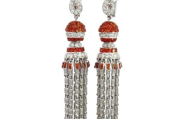 Diamond Sapphire Drop Earrings 18k White Gold Multi-Chain Long Dress Earrings